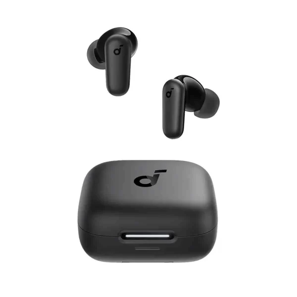 Soundcore R50i NC Earbuds with charging case, showcasing sleek black design, compact fit, and advanced features like 42dB Active Noise Cancellation, touch controls, and IPX5 water resistance