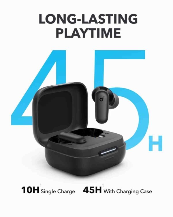 Soundcore R50i NC Earbuds with charging case, showcasing sleek black design, compact fit, and advanced features like 42dB Active Noise Cancellation, touch controls, and IPX5 water resistance.